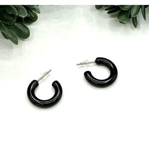 Black Open Hoop Minimalist Earrings Silver Post Design